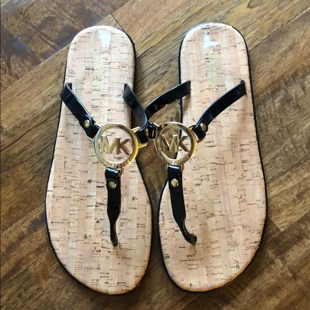 Michael Kors Black and Gold Logo Sandals size 8